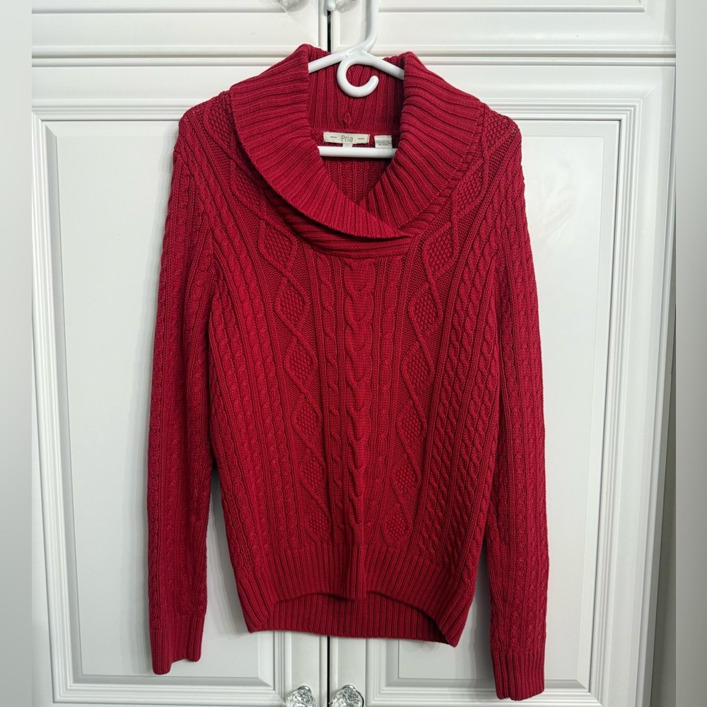 Pria Women’s Large Red Pullover Cable Knit Cowl Neck Sweater Heavyweight Shirt